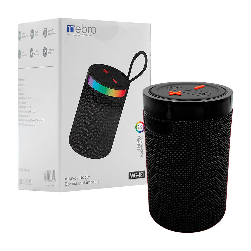 Bocina inalámbrica, pequeña cilíndrica, sonido 360 + luz rgb - WG - 181 - Mishop Mexico