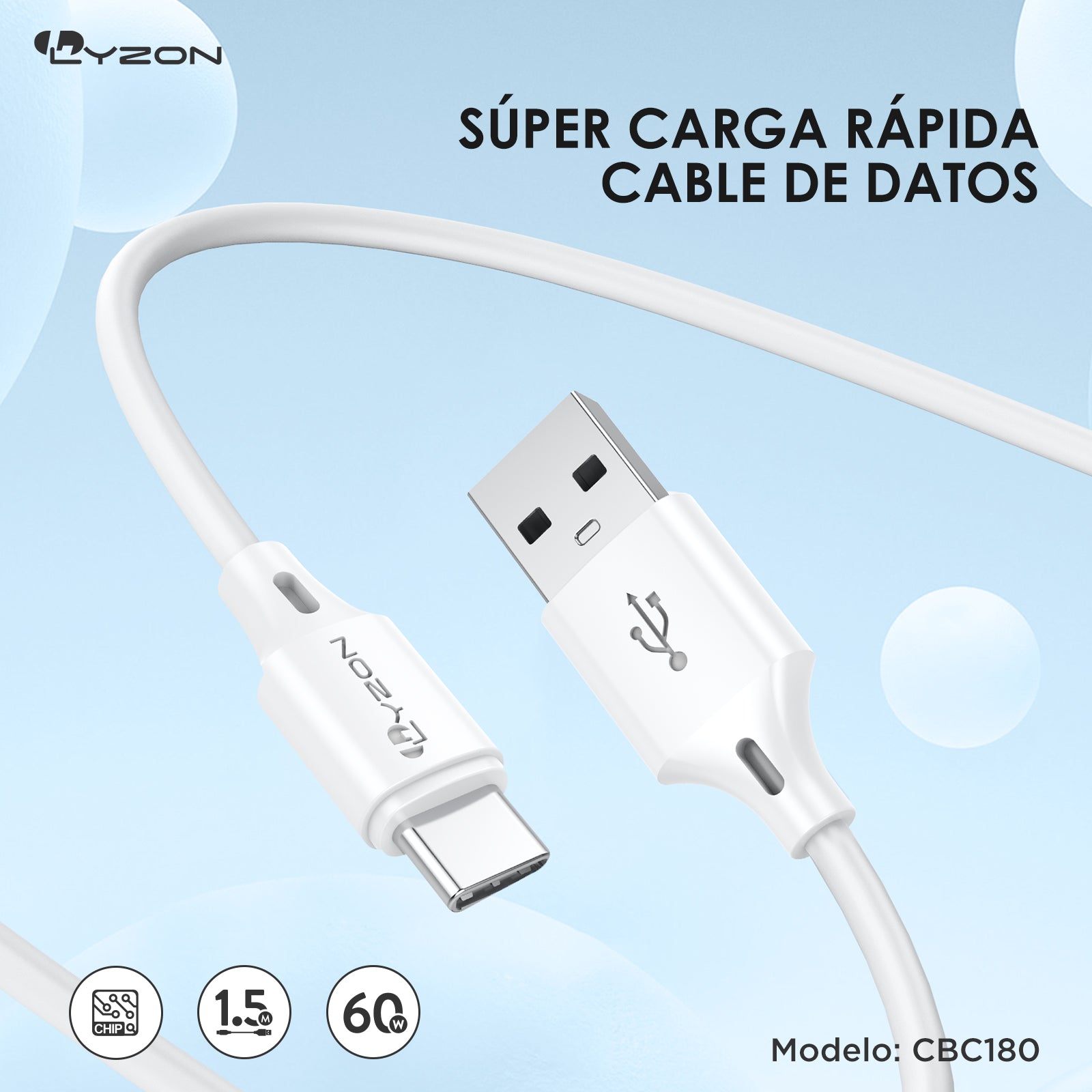 CDMX-Cable Salida Tipo C  Cargador Rápido CBC180