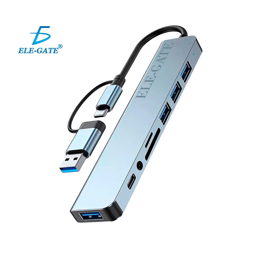 adaptador de tipoC o USB-A 8en1, usb-c o usb-a, 4 usb-a, usb-c, auxiliar, sd y micro sd - HUB.21.8N1