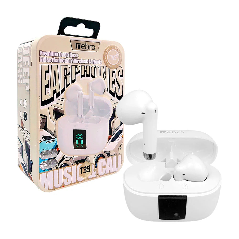 Estuche nebro metálico con audífonos inalámbricos con sonido estéreo y estuche