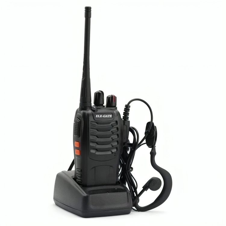 Radio fm walkie talkie, con base para carga y accesorios / con.43